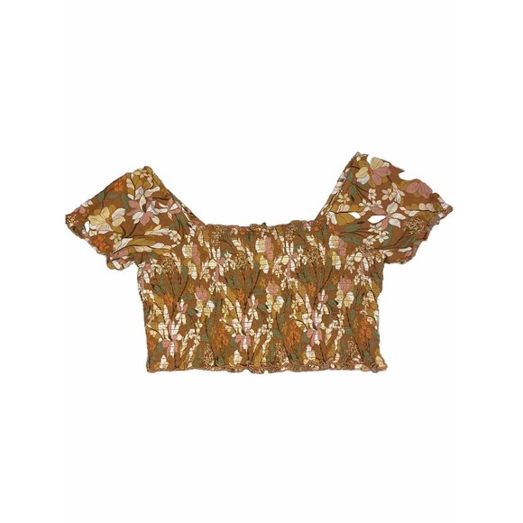 AE Aerie Orange Floral Smocked‎ Puff Sleeve Cropped Top Size Medium M - Picture 1 of 3